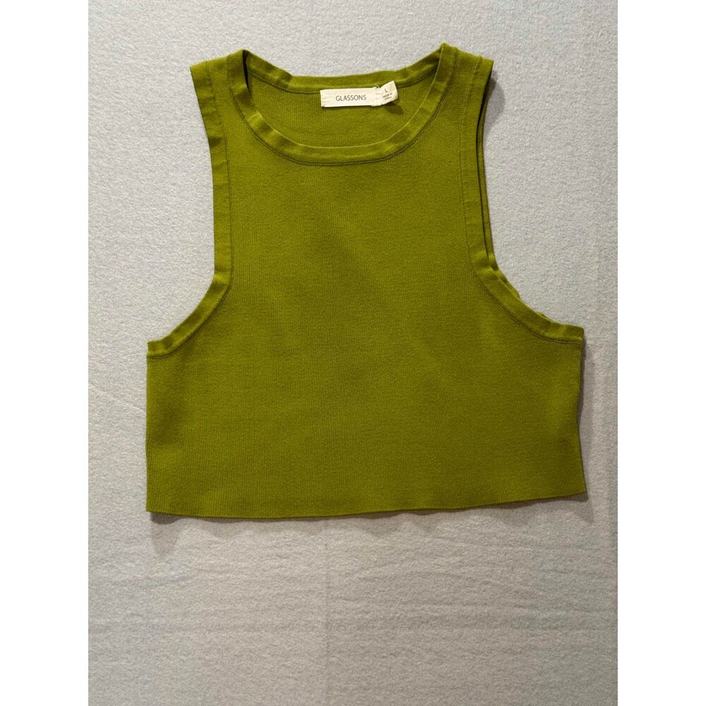 Glassons Moss Green Ribbed Knit Crop Tank, Size L, High Neck Racer Style Basic